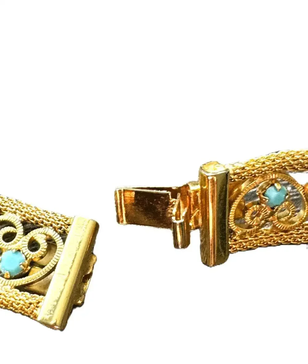 Vintage Gold Toned Filigree Choker with Turquoise-Colored Cabochon, 15 1/2 inch
